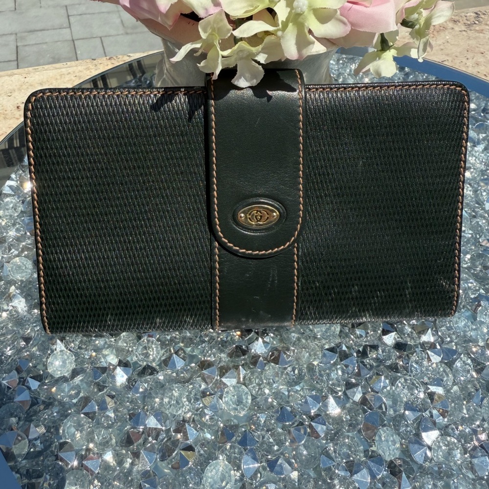 Gucci Dark Green Wallet with Tan Stitching